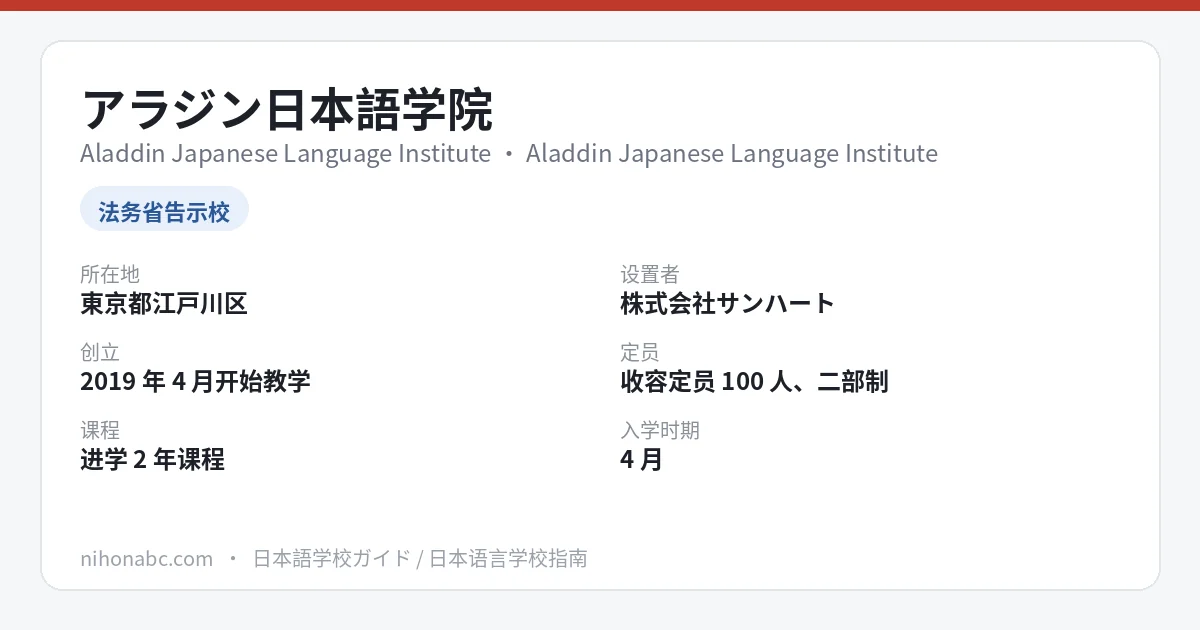 アラジン日本語学院 基本信息卡：东京都江户川区西小岩、告示日本语教育机构、进学2年与1年6个月课程