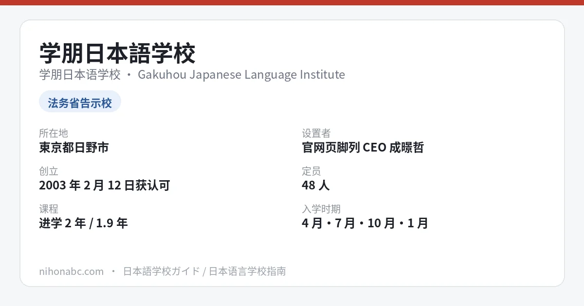 学朋日本语学校 基本信息卡：东京都日野市、法务省告示校、进学课程首年77万日元