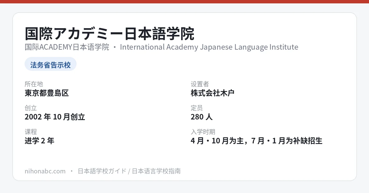 国际ACADEMY日本语学院 基本信息卡：东京都丰岛区池袋、法务省告示校、定员280人、首年学费798,000日元