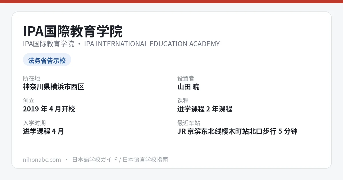IPA国际教育学院 基本信息卡：神奈川县横滨市西区、出入国在留管理厅告示校、进学2年与1年6个月课程、樱木町站步行5分钟