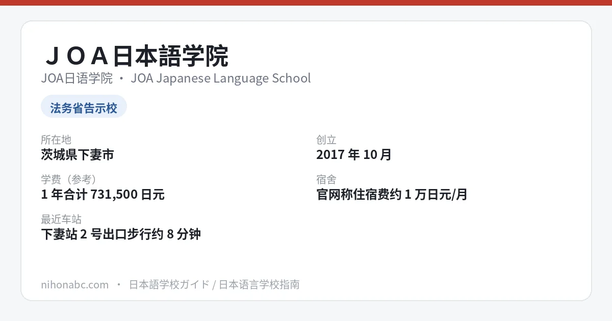 JOA日本語学院 基本信息卡：茨城县下妻市、告示校、1 年学费