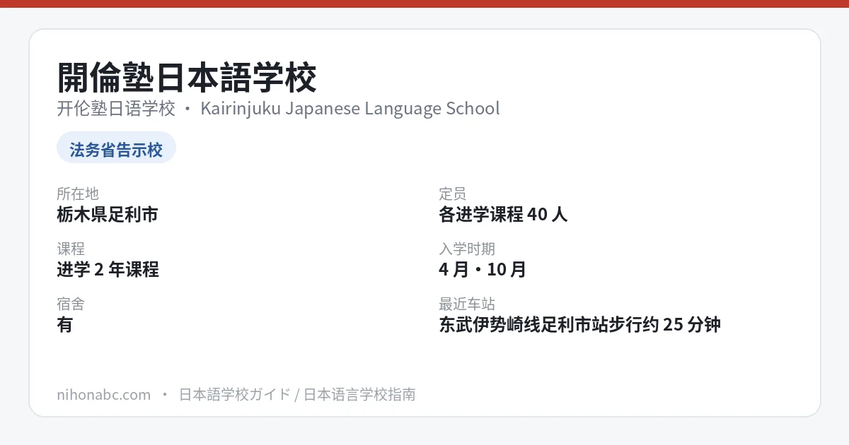 開倫塾日本語学校 基本信息卡：栃木县足利市、告示校、学生寮