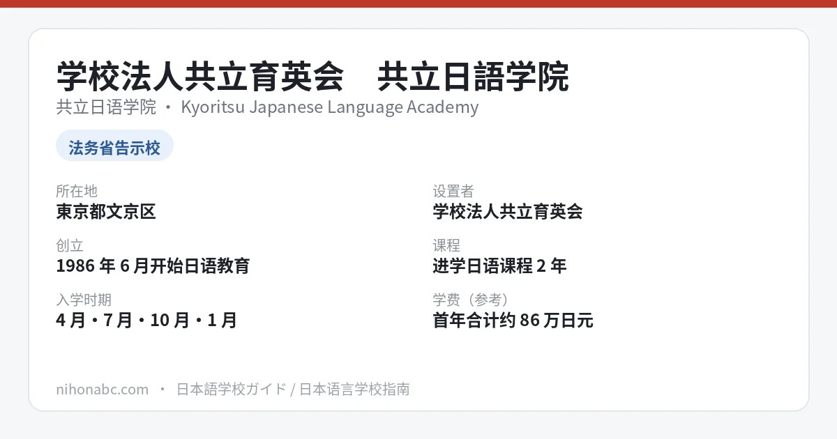 共立日语学院 基本信息卡：东京都文京区汤岛、告示校（别表第一）、进学日语课程、首年学费约 86 万日元
