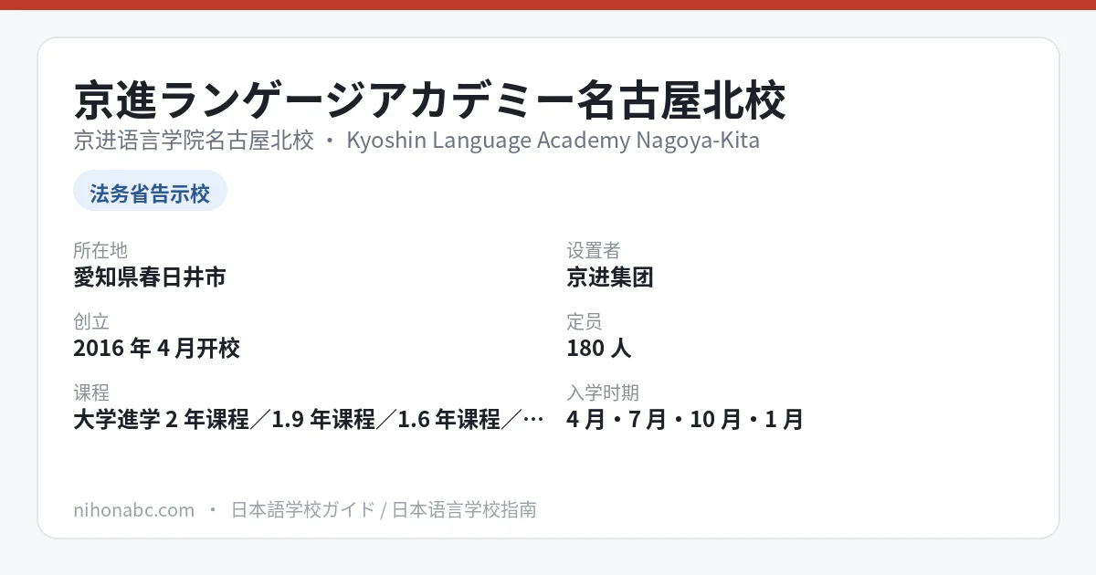 京进语言学院名古屋北校 基本信息卡：爱知县春日井市、告示校、四期入学与学费参考