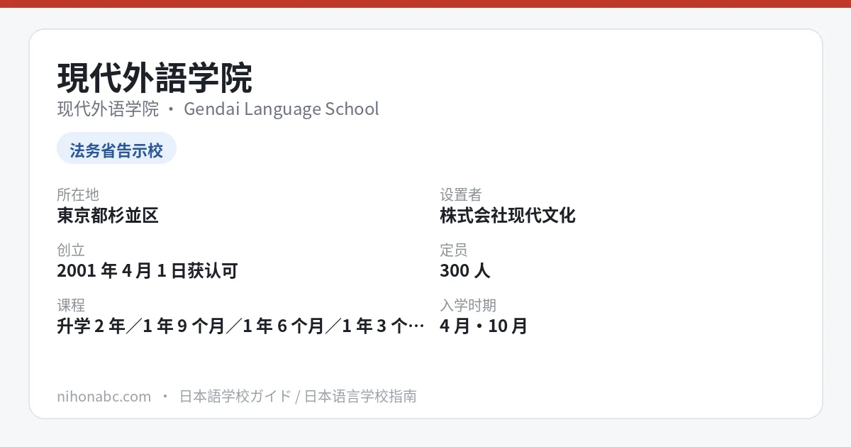 现代外语学院 基本信息卡：东京都杉并区本天沼、法务省告示校、升学课程、4・10 月入学